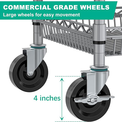 Folews Heavy Duty Rolling Cart with Wheels, 990LBS Metal Utility Cart | 3-Tier NSF Rolling Storage Organizer, Adjustable Shelves & Basket, Lockable Casters, Commercial Storage Trolley, Gray