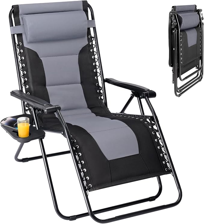 NEWBULIG Padded Zero Gravity Chair, Folding Lounge Chair Outdoor, Black | Foldable Beach Camping Recliner Chair with Adjustable Pillow and Trays for Poolside Lawn Patio