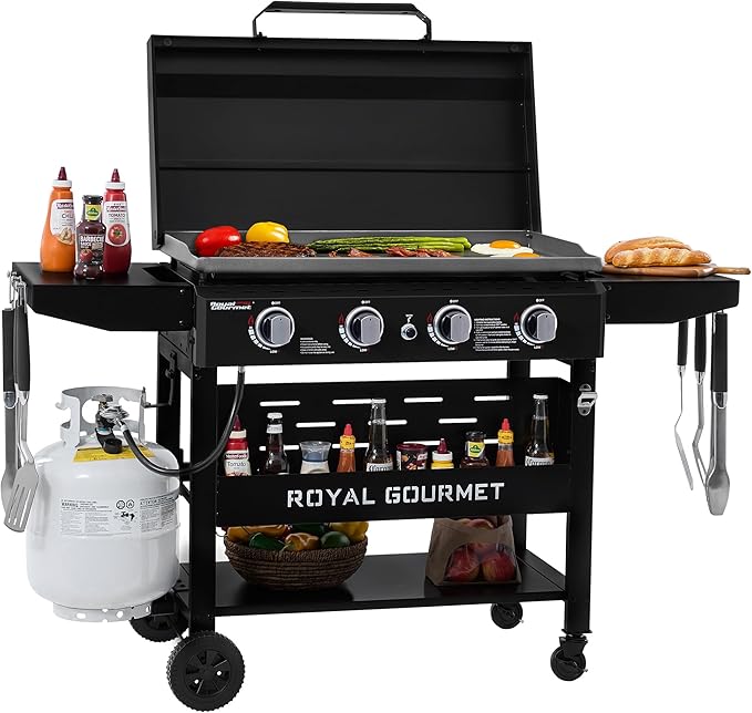 Royal Gourmet GB4000PB 4-Burner Gas Griddle with Hood, Griddle with Collapsible Side Shelves, 52,000 BTU, 582 Sq. In. Cooking Area, Electronic Ignition, Swivel Wheels with Brakes, Black