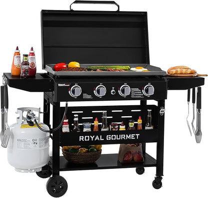 Royal Gourmet GB4000PB 4-Burner Gas Griddle with Hood, Griddle with Collapsible Side Shelves, 52,000 BTU, 582 Sq. In. Cooking Area, Electronic Ignition, Swivel Wheels with Brakes, Black