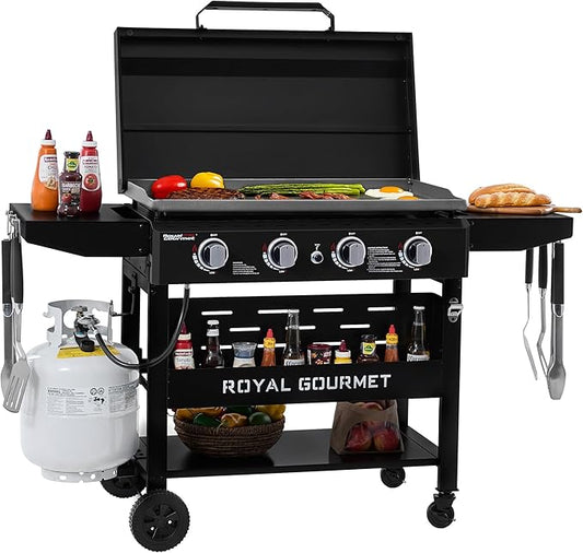 Royal Gourmet GB4000PB 4-Burner Gas Griddle with Hood, Griddle with Collapsible Side Shelves, 52,000 BTU, 582 Sq. In. Cooking Area, Electronic Ignition, Swivel Wheels with Brakes, Black