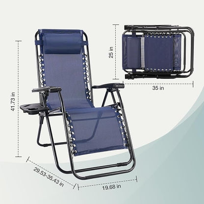 NEWBULIG Zero Gravity Chair Set of 4, Lounge Chair Folding Portable Adjustable Camping Reclining Chairs with Adjustable Pollow, Mesh Back, Cup Holder Trays Lawn Patio Chair for Pool Beach - Blue