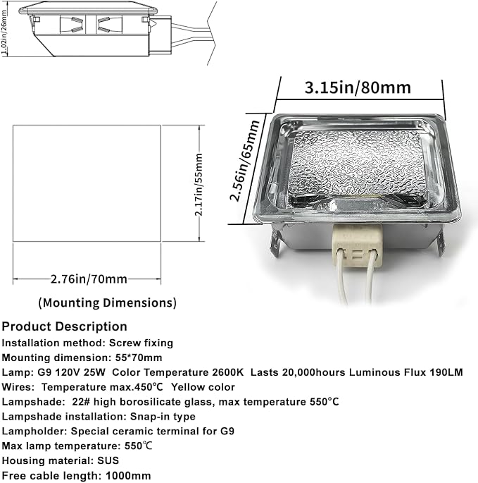 J&V bedebur Oven Lighting Assembly with High Temperatur Materials for BBQ Grill, Microwave Light and Air Fryer Equipment Special Lighting, G9 Bulb (120V 25W 1000MM 5128)
