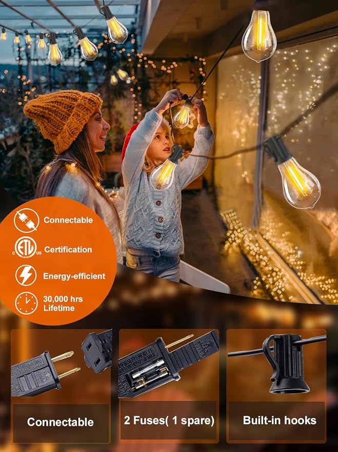 Outdoor String Lights 36FT Patio Light Waterproof for Backyard Porch Bistro | 1.8FT Bulbs Spacing,36 FT Connectable Outside Lights with 22 Shatterproof Dimmable A39 LED Bulbs for Garden Balcony Party