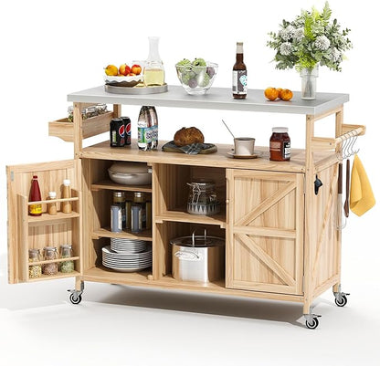 Zevemomo Outdoor Grill Cart with Storage, Stainless Steel Tabletop Outdoor Kitchen Island, Solid Wood Outdoor Buffet Cabinet with Wheels for Grilling, Light Wood Color