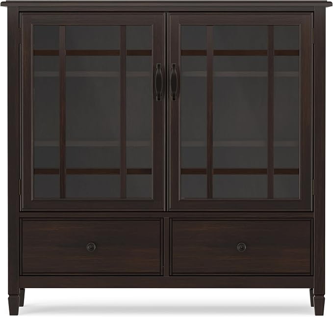 SIMPLIHOME Connaught 46" Solid Wood Tall Cabinet in Dark Chestnut Brown | Traditional tall console cabinet with glass doors, adjustable shelves and drawers for living or dining room storage.