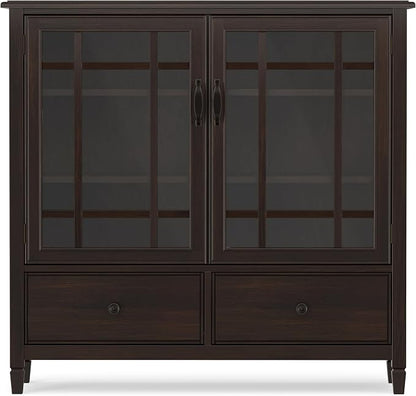 SIMPLIHOME Connaught 46" Solid Wood Tall Cabinet in Dark Chestnut Brown | Traditional tall console cabinet with glass doors, adjustable shelves and drawers for living or dining room storage.