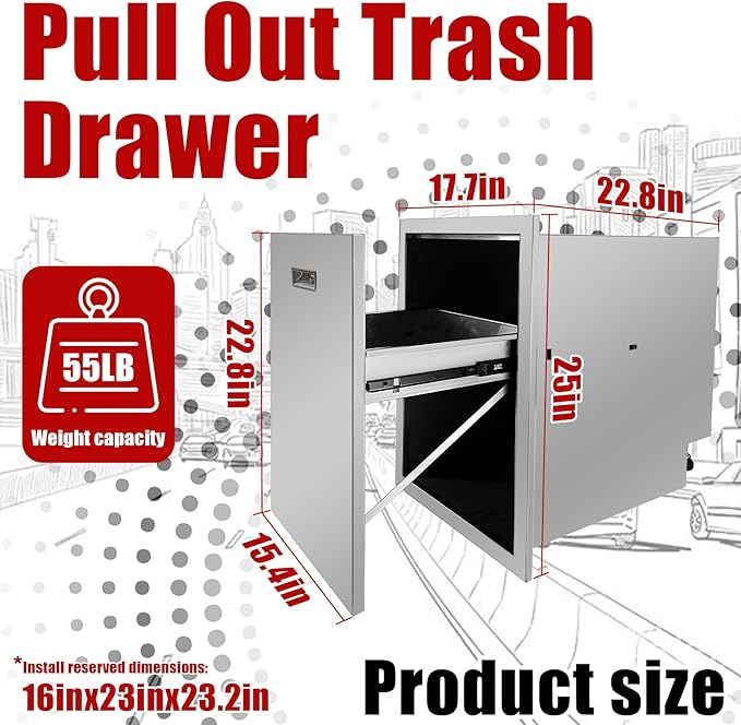 Outdoor Kitchen Single Trash Drawer 17.7'' W x 25'' H x 22.8'' D Pull Out Stainless Steel Bin Drawer Built-in Trash Drawers with Handle Suitable for Outdoor Kitchen Island Patio Grill Station