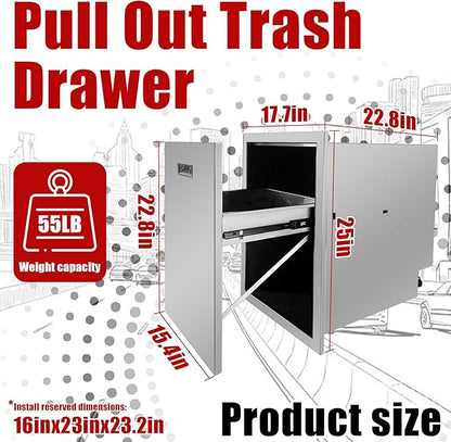 Outdoor Kitchen Single Trash Drawer 17.7'' W x 25'' H x 22.8'' D Pull Out Stainless Steel Bin Drawer Built-in Trash Drawers with Handle Suitable for Outdoor Kitchen Island Patio Grill Station