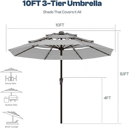 10ft 3-Tier Patio Umbrella with 32 Solar Powered LED Lights, Windproof Outdoor Market Umbrella for Deck, Poolside & Garden, Sturdy Push-Button Tilt Table Umbrella, Light Gray