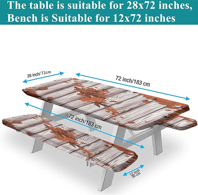 Autumn Picnic Table Cover with Bench Covers, Fall Maple Tree and Leaves Rustic Wooden Planks Elastic Edged Table Cover, 28x72 Inch, 3 Piece Set, for Picnics Indoor and Outdoor Dining Use
