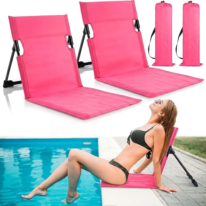Karenhi 2 Pcs Foldable Poolside Beach Chairs for Edge of Pool Portable Beach Chairs Folding Pool Seats with Back Support Carry Bag for Adults Traveling Camping Picnic Lawn (Rose Pink)