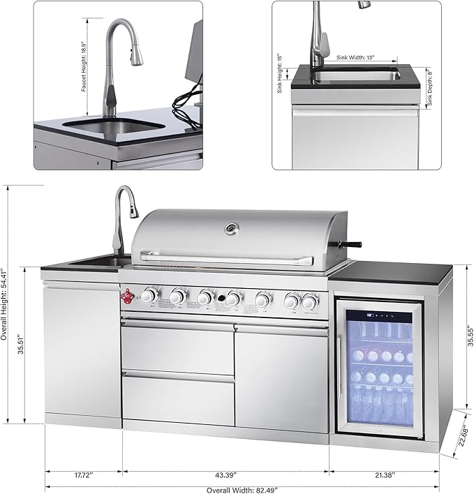 82" Modular Outdoor Kitchen Island with Grill, 6-Burner 83,500 BTU Propane BBQ Island, 304 Stainless Steel, Refrigerator, Sink & Rotisserie, for Backyard and Patio Cooking, Silver