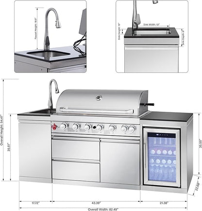 82" Modular Outdoor Kitchen Island with Grill, 6-Burner 83,500 BTU Propane BBQ Island, 304 Stainless Steel, Refrigerator, Sink & Rotisserie, for Backyard and Patio Cooking, Silver