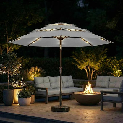 10ft 3-Tier Patio Umbrella with 32 Solar Powered LED Lights, Windproof Outdoor Market Umbrella for Deck, Poolside & Garden, Sturdy Push-Button Tilt Table Umbrella, Light Gray
