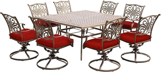 Hanover Traditions 9-Piece Patio Dining Set, Rust-Free Aluminum Outdoor Dining Set with Autumn Berry Cushions, 8 Swivel Rockers and Aluminum Square Dining Table, All-Weather Outdoor Dining Set for 8