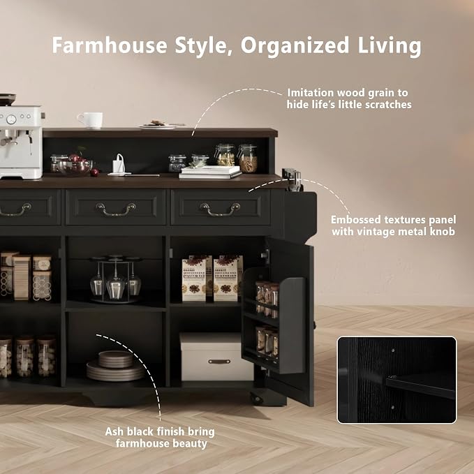 Merax 53.2" Two-Tier Kitchen Island with Storage, Farmhouse Kitchen Island with Power Outlet, 4 Door Shelves, Adjustable Shelves, 3 Drawers, Rolling Island Table, Bar Cabinet for Kitchen, Ash Black