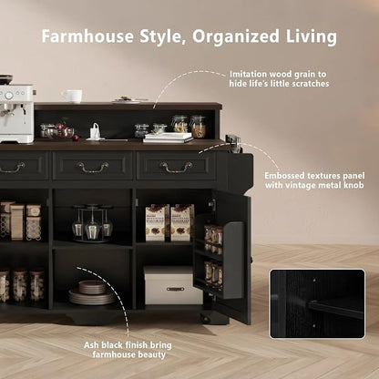 Merax 53.2" Two-Tier Kitchen Island with Storage, Farmhouse Kitchen Island with Power Outlet, 4 Door Shelves, Adjustable Shelves, 3 Drawers, Rolling Island Table, Bar Cabinet for Kitchen, Ash Black