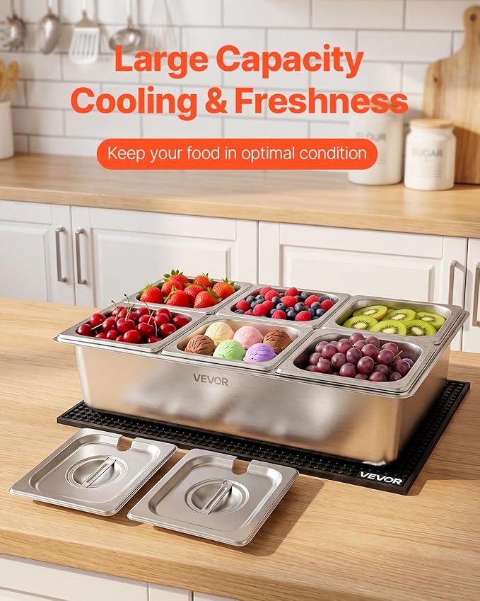 VEVOR Countertop Food Serving Display Container, Stainless Steel Food Salad Server Tray, Buffet Condiment Dispenser, Ice Cooled Rack with Separate Lid, for Restaurant, Hotel, Party (6x1/6 Pan)