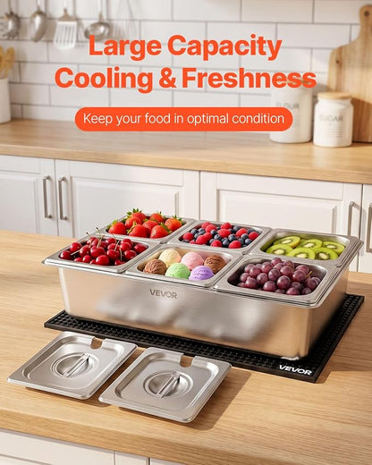VEVOR Countertop Food Serving Display Container, Stainless Steel Food Salad Server Tray, Buffet Condiment Dispenser, Ice Cooled Rack with Separate Lid, for Restaurant, Hotel, Party (6x1/6 Pan)