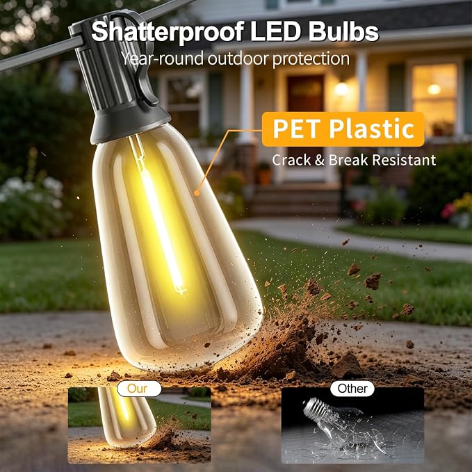25FT Solar String Lights, Remote & USB Port, Outdoor Waterproof | 1.5FT Spacing, 16+1 Shatterproof Edison Bulbs, IP65, 2700K Warm White, Timer & Dimmable, String Lights for Outside, Yard