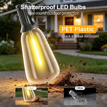 25FT Solar String Lights, Remote & USB Port, Outdoor Waterproof | 1.5FT Spacing, 16+1 Shatterproof Edison Bulbs, IP65, 2700K Warm White, Timer & Dimmable, String Lights for Outside, Yard