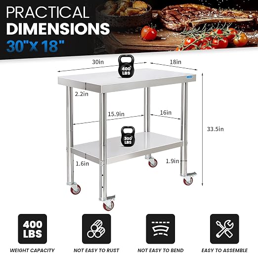 KUARBARR Stainless Steel Table with Wheels 30 x 18 Inch NSF Commercial Stainless Steel Metal Prep Table for Restaurant Kitchen Garage