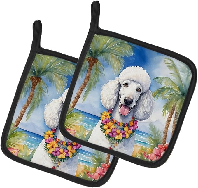 Caroline's Treasures White Poodle Luau Pair of Pot Holders Kitchen Heat Resistant Pot Holders Sets Oven Hot Pads for Cooking Baking BBQ, 7 1/2 x 7 1/2