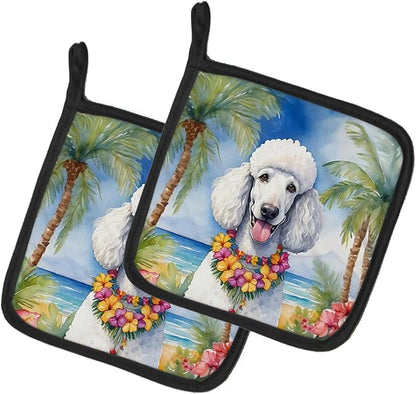 Caroline's Treasures White Poodle Luau Pair of Pot Holders Kitchen Heat Resistant Pot Holders Sets Oven Hot Pads for Cooking Baking BBQ, 7 1/2 x 7 1/2
