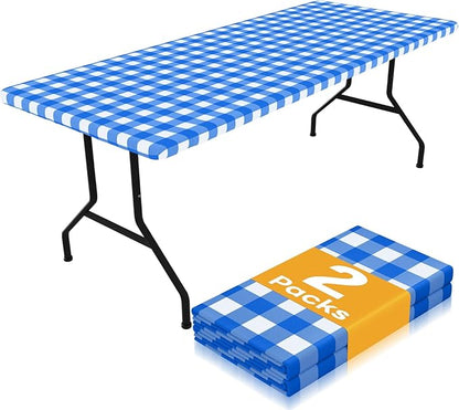 Smiry Picnic Table Cloth 2 Pack, Waterproof Elastic Fitted Tablecloths for 8FT Rectangle Tables, Washable Polyester Buffalo Plaid Tablecloth for Camping, Dining & Outdoor (Blue & White, 30" x 96")