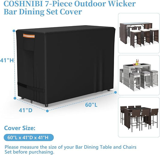 COSHNIBI Bar Height Patio Set Cover for 7 Pieces Patio Bar Dining Table and Chairs Set, Heavy Duty Waterproof Outdoor Bar Height Patio Table and Chairs Set Cover,60" L x 41" W x 41" H,Black