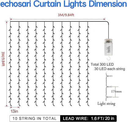 echosari 9.8Ft×9.8ft Curtain Lights Battery Operated with Remote Cool White | 300 LED Hanging Light Timer Fairy Curtain Lights for Bedroom Patio Wedding Backdrop Party Decór