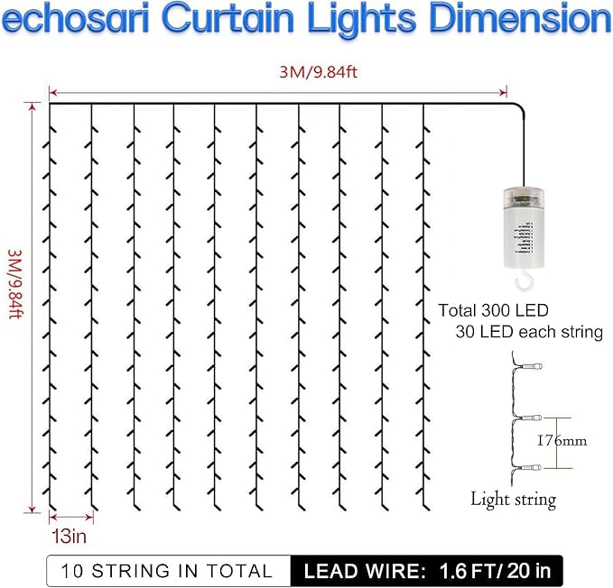 echosari Curtain Lights Battery Operated, 9.8Ft x 9.8ft 300 LED Curtain String Light with Remote Timer 8 Modes Hanging Lights for Wedding Party Home Garden Wall Decor (Cool White) (Pack of 4)