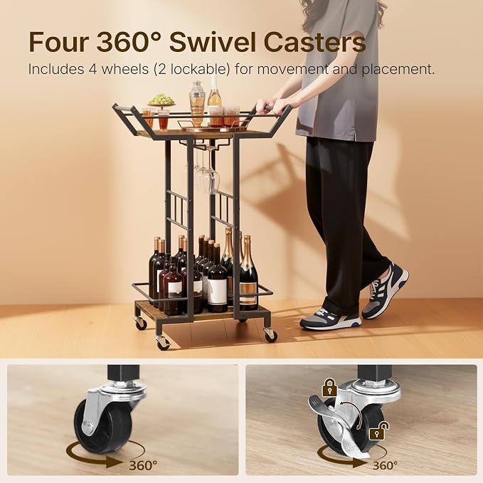 Bar Cart, 3-Tier Serving Cart with Wine Glass Rack, Drink Cart with Wheels, Rolling Beverage Cart, for Living Room, Party, Rustic Brown BC10BR