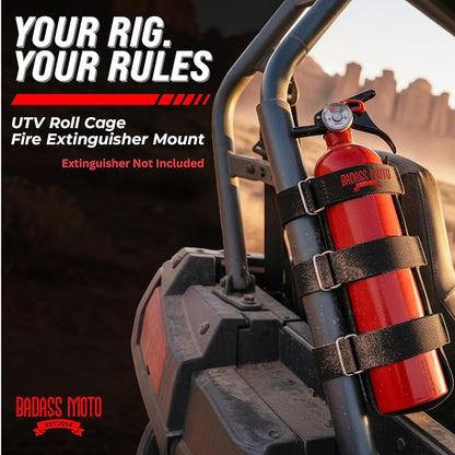 Badass Moto Fire Extinguisher Mount for UTV - Roll Cage Holder, Fits Polaris RZR, Can-Am, Kawasaki, Honda, Yamaha, 1.75"–2.25" Bars, Stainless D-Rings, No Drill, Offroad - UTV/SxS, Black