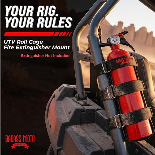 Badass Moto Fire Extinguisher Mount for UTV - Roll Cage Holder, Fits Polaris RZR, Can-Am, Kawasaki, Honda, Yamaha, 1.75"–2.25" Bars, Stainless D-Rings, No Drill, Offroad - UTV/SxS, Black