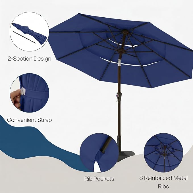 10ft 3 Tier Patio Umbrella, Outdoor Market Table Umbrella with UPF 50+ Vented Canopy, 8 Sturdy Ribs, Easy Push Button Tilt and Crank, Windproof for Deck, Pool, Backyard and Garden