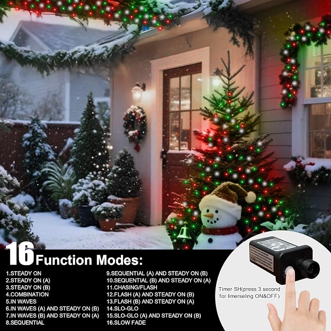 66ft Christmas Decorative Mini Lights, 200 LED Green Wire Fairy Starry String Lights Plug in, 16 Lighting Modes for Outdoor Xmas Tree Wedding Party Decoration (Red Green White)
