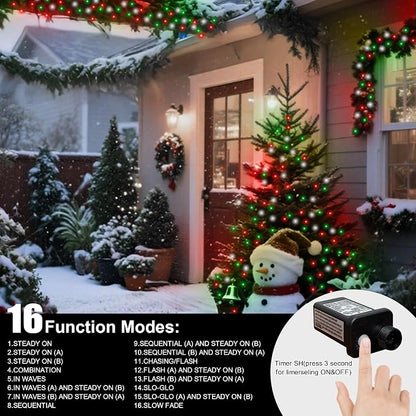 66ft Christmas Decorative Mini Lights, 200 LED Green Wire Fairy Starry String Lights Plug in, 16 Lighting Modes for Outdoor Xmas Tree Wedding Party Decoration (Red Green White)