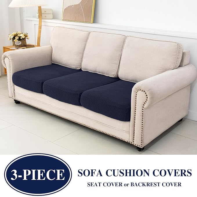 LA MEACK Couch Cushion Covers Seat Cushion Cover Stretch Couch Cover Separate Sectional Sofa Slipcovers Furniture Protector(3 Pieces for Seat or Sofa Backrest, Navy)