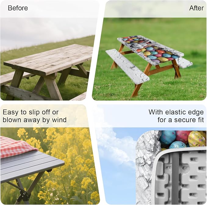 ANNA QUEEN Easter Bunny 6FT Picnic Table Cover with Bench Covers Set of 3 with Drawstring Bag, Bunny & Easter Eggs 72"x30" Waterproof Picnic Tablecloth & Bench Covers for Outdoor Party