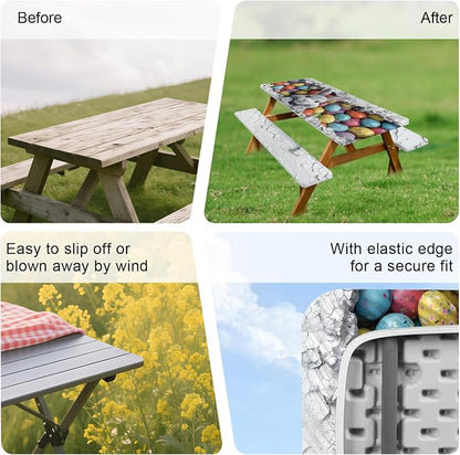 ANNA QUEEN Easter Bunny 6FT Picnic Table Cover with Bench Covers Set of 3 with Drawstring Bag, Bunny & Easter Eggs 72"x30" Waterproof Picnic Tablecloth & Bench Covers for Outdoor Party