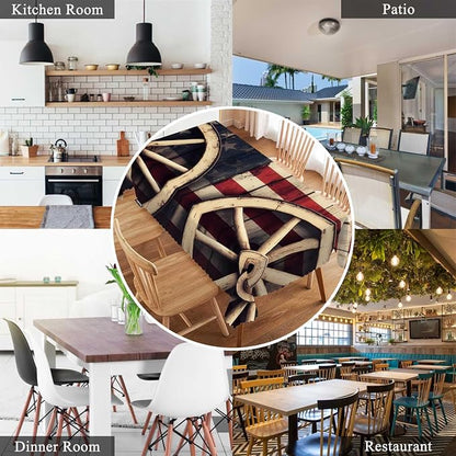 Swono American Flag 52"X70" Oblong Table Cloth Retro Wooden Wagon Wheels USA Flag Wrinkle Free Table Cover Farmhouse Tablecloth for Home Restaurant Picnic Indoor Outdoor Dining
