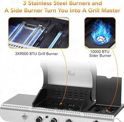Electactic 3-Burner Propane Gas BBQ Grill with Side Burner,Stainless Steel Grill with Porcelain-Enameled Grates,37000 BTU Barbecue Grill, Suitable for Outdoor Cooking,Camping,Patio Backyard