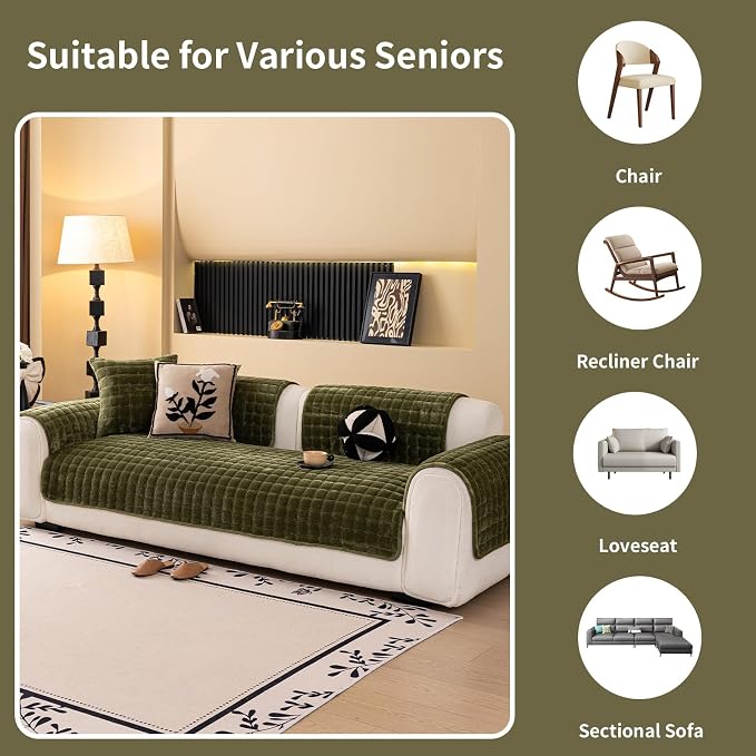 Velvet Couch Cover, Washable Sectional Sofa Cover, Anti Slip Sofa Slipcover for 3 Cushion Couch Sofa L Shaped Armrest Backrest, Furniture Protector Covers for Pets Kids(1PC,Green,36"×94")