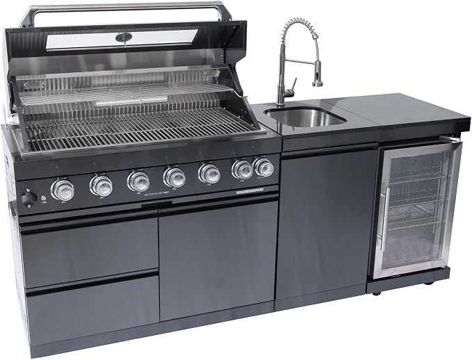 82" 6-Burner 85000 BTU Deluxe Outdoor Kitchen Island,304 Stainless Steel Modular LPG BBQ Grill Combination With Granite Countertops, Storage Cabinet, Refrigerator and Sink (82"-Black, Propane Gas)