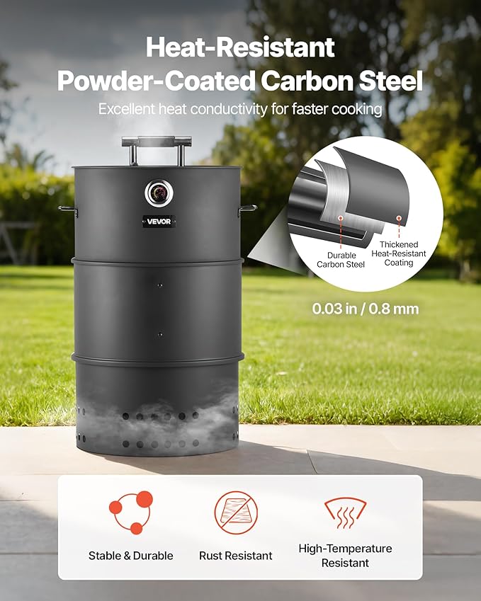 VEVOR Charcoal Smoker Grill, 18.5" Barrel Charcoal BBQ Smoker, Coated Steel Outdoor Barbecue Grill with 2 Grilling Grates, 1 Hanging Rod, 6 Hooks & Thermometer, Ideal for Party Backyard Patio Cooking