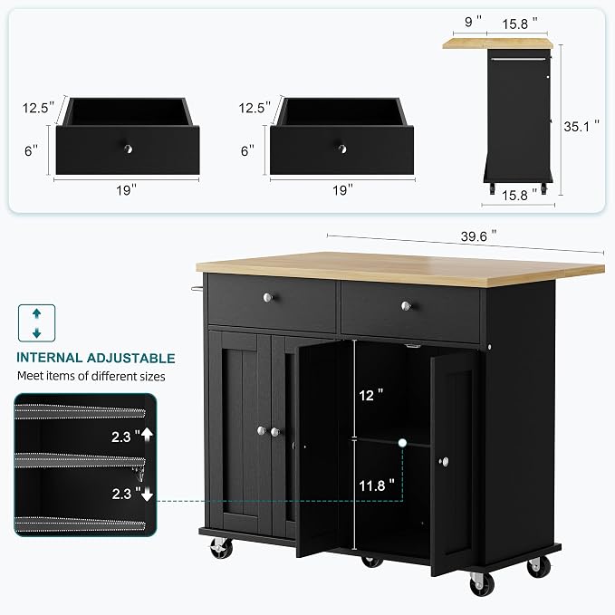 Shintenchi Kitchen Island with Drop Leaf, Rolling Kitchen Cart with Storage on Wheels, Table Bar Cart for Kitchen with Towel Rack & Seating Area for Dining Room, Black