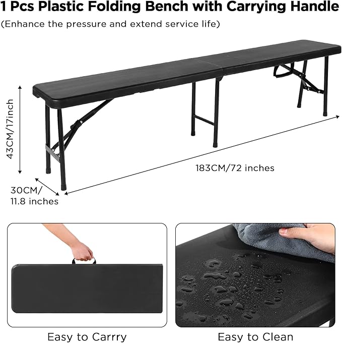 Roowest Black Folding Bench 6 Feet Plastic Outdoor Portable Foldable Bench Seat Eating with Carrying Handle for Dining Camping Picnic BBQ Sports Garden Indoor Outdoor Patio Activities