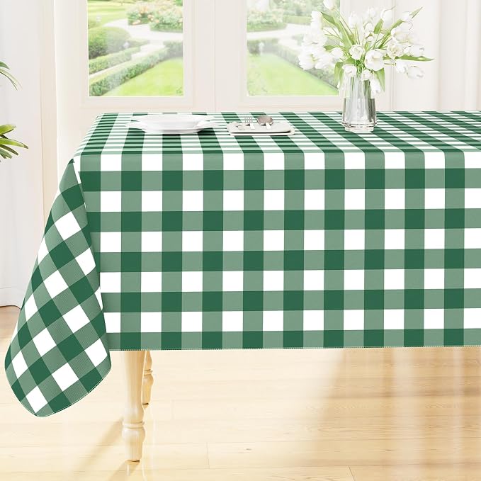 Smiry Picnic Table Cloth, Vinyl Tablecloths with Flannel Backing, 60"x120" | Waterproof Rectangle Table Cloth, Wipeable Buffalo Plaid Table Cover for Indoor and Outdoor (Emerald Green & White)